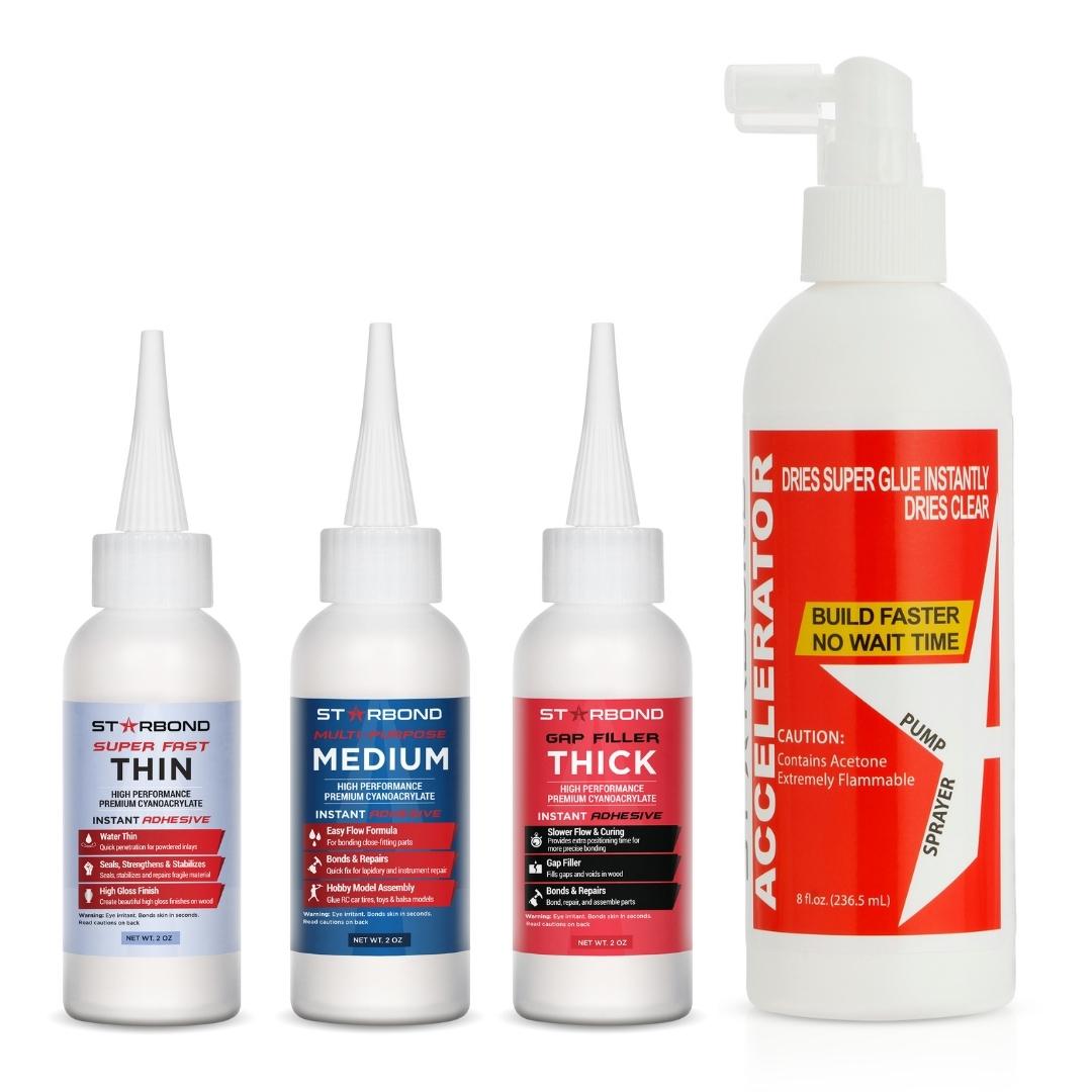 2 oz. Thin, Medium, Thick Super Glue and 8 oz. Pump Accelerator Bundle