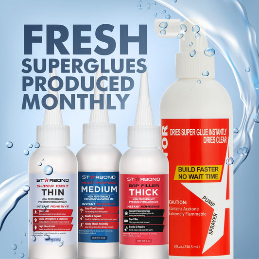 2 oz. Thin, Medium, Thick Super Glue and 8 oz. Pump Accelerator Bundle